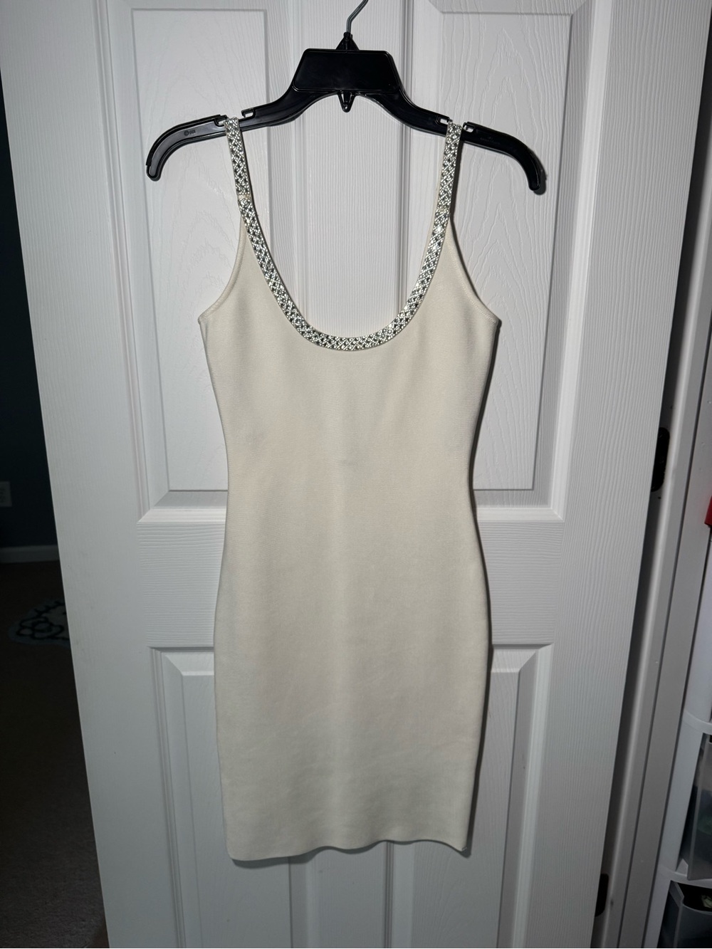 Rhinestone Strap Cream Bodycon Dress